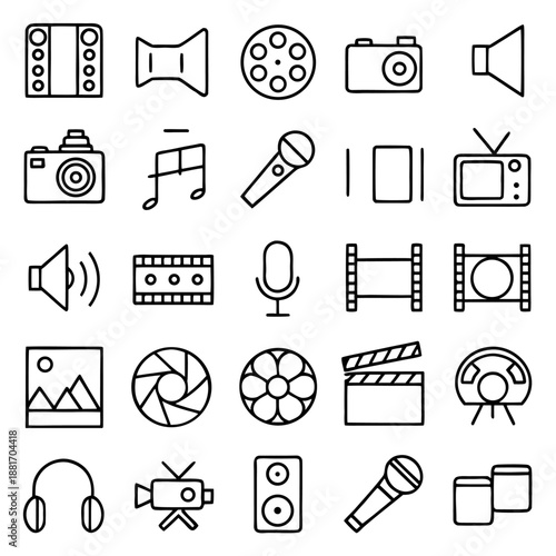 Media production vector icon set: photography, music, video, and sound