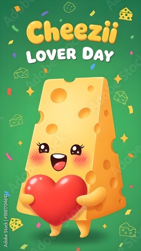 Celebrate Cheezii Lover Day with a charming and adorable cheese character holding a heart, surrounded by confetti and festive elements