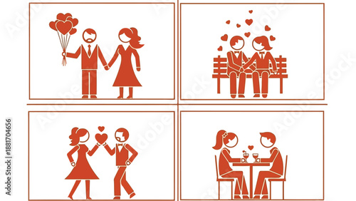 A series of orange pictograms depicting couples in romantic situations including dates and celebrations high quality