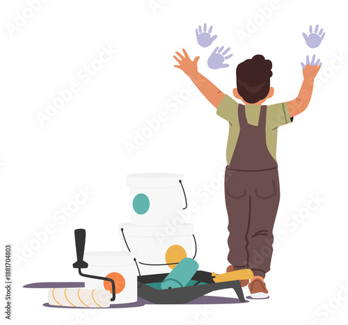 Cheerful boy child cartoon character putting colorful palms traces on wall during home renovation