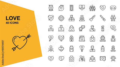 A collection of forty monochrome love and relationship related icons displayed on a yellow background