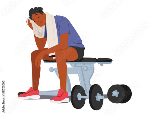 Tired man character wiping sweaty forehead looking drained after hard weightlifting workout