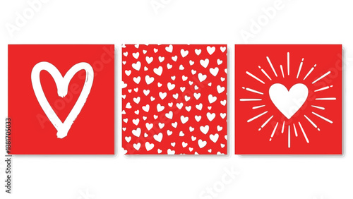 A vibrant triptych of red panels displaying various heart motifs and patterns offering a romantic aesthetic