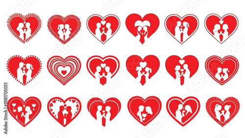 Multiple red heart shapes containing silhouettes of couples symbolizing love romance and relationships are displayed