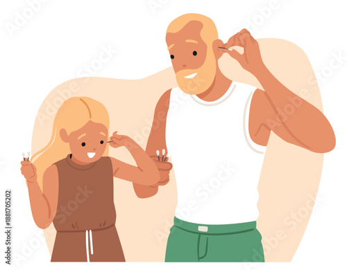 Father and daughter cartoon characters cleaning ears with cotton swabs hygiene routine scene