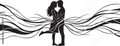 Romantic couple silhouette with flowing lines in black and white