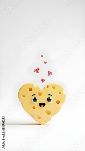 A heart-shaped cheese with a cute face and small hearts floating above, symbolizing love and joy