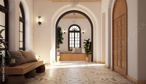 Mediterranean interior design of modern entrance hall with grid door 
