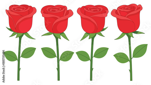 four red roses with green stems and leaves on a plain white background illustration high quality