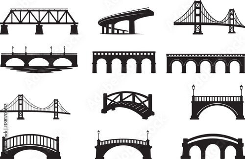 Different bridge design set featuring arch suspension truss and pedestrian bridge illustrations