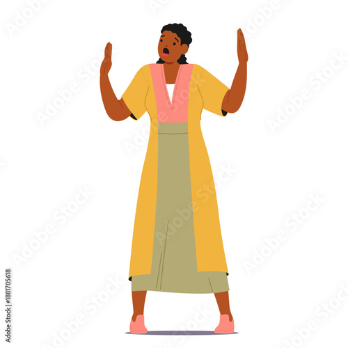 Young woman character spreading arms wide creaming while caught in panic attack isolated on white