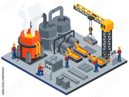 In this lively isometric vector illustration of a steel foundry, workers in safety gear operate machinery to pour glowing molten metal and use a crane to organize stacks of heavy industrial beams