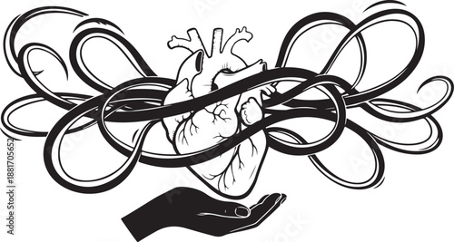 Heart Wrapped in Tubes with Hand Holding from Below