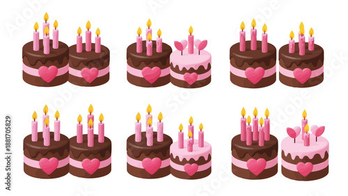 A delightful arrangement of chocolate and pink birthday cakes each adorned with flickering candles and hearts