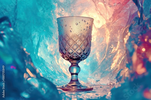 A glass with a stem is in a blue and pink swirl
