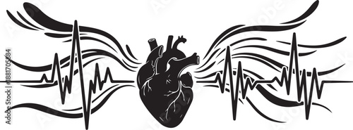 Heartbeat rhythm illustration with human heart and ecg lines