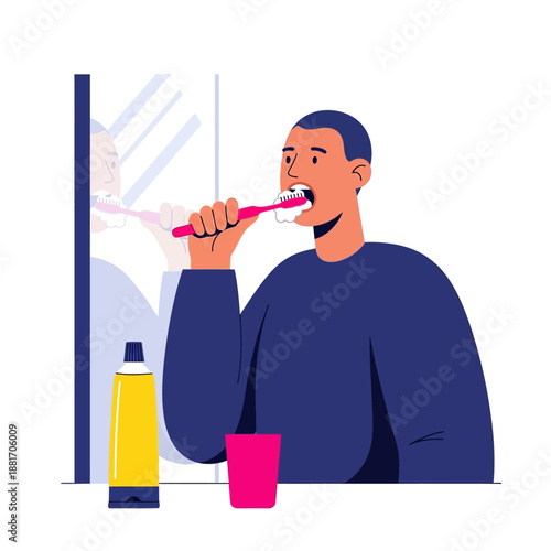 Flat vector illustration of a young Muslim man brushing his teeth in front of a mirror for Ramadan hygiene and sunnah concept