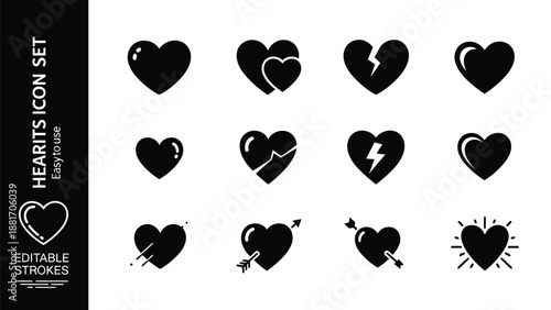A collection of black heart icons depicting different states of love damage and affection high quality
