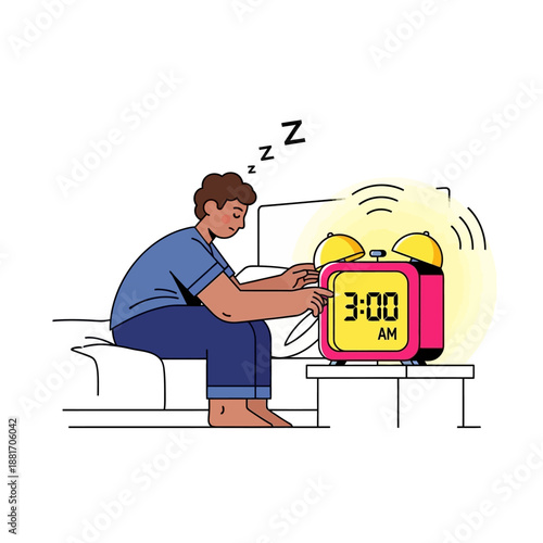 Young man in blue pajamas waking up and turning on a digital alarm clock at 3:00 AM for Ramadan suhoor concept vector illustration