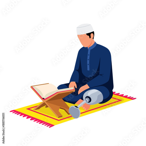 Disabled Muslim man with prosthetic leg reading Quran on prayer mat illustration