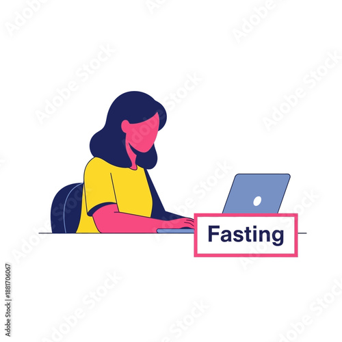 Young woman working on a laptop at a desk with a Fasting label for Ramadan or intermittent fasting concept flat vector illustration