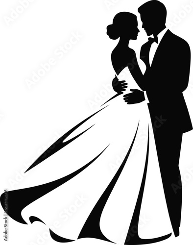 Elegant Silhouette Of A Bride And GroomWedding, Bride, Groom, Silhouette, Marriage, Romance, Couple, Elegant, Formal, Celebration, Love, Tuxedo, Gown, Anniversary, Invitation, Illustration, Vector, Pa