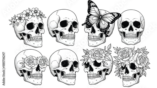 An artistic arrangement of skulls adorned with flowers and a butterfly presented in black and white