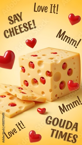 A whimsical illustration of a yellow cheese block with charming heart-shaped holes and scattered small red hearts, symbolizing delightful culinary affection and joy