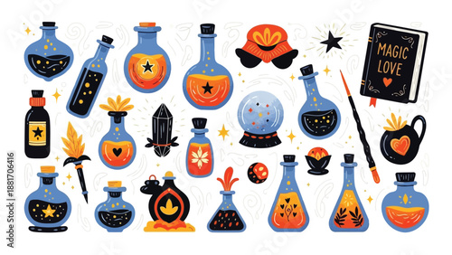 A colorful assortment of magical potions mystical objects and enchanting accessories creates a whimsical scene