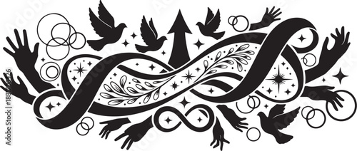 Black and white illustration of hands and birds flying