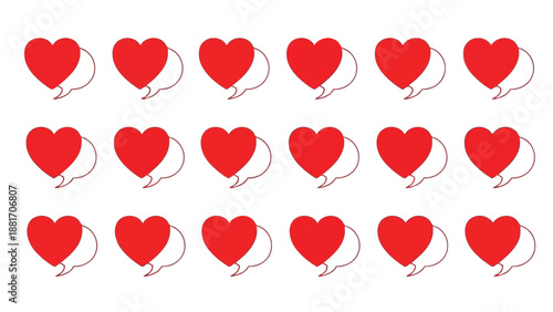 A collection of vibrant red heart shaped balloons arranged in a neat uniform pattern against a white backdrop
