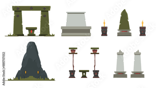 2D graphics style altar series, game ready, flat style simple altar fantasy style set.