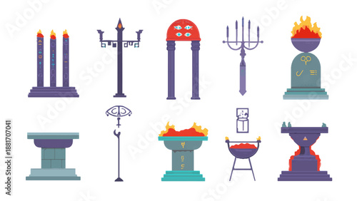 2D graphics style altar series, game ready, flat style simple altar fantasy style set.