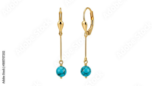 Pair of gold drop earrings with turquoise-colored round stone charms