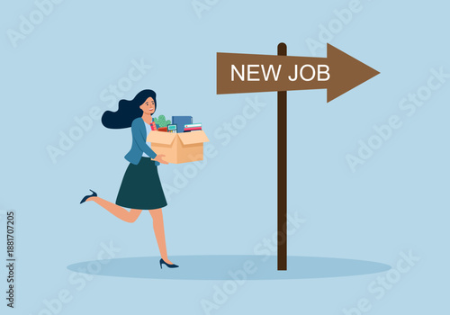 Change to new job. Career opportunity. New challenge to to success. Improvement or advancement. Businessman employee carrying stuffs changing to new opportunity. employment concept vector illustration