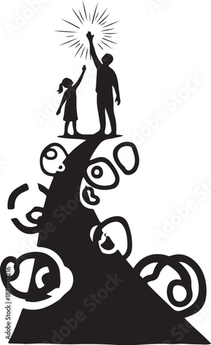 Father and daughter standing on mountain peak together happily