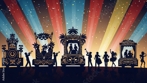 Carnival Floats with Silhouetted People on Stage against Colorful Sunset Background