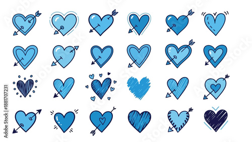 Collection of various blue heart shapes and designs on a white background high quality professional detailed
