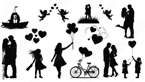 Silhouettes depicting romantic scenes including couples angels a boat and hearts create a loving atmosphere