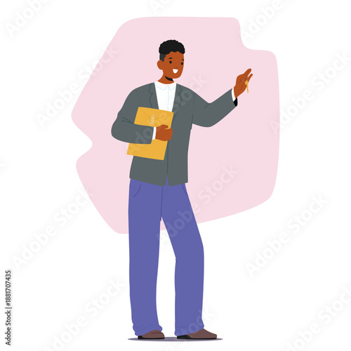 Relator male cartoon character giving key and contract for singing offering profitable ownership