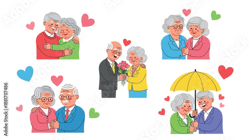Charming elderly couples depicted in various heartwarming scenes showcasing love companionship and joyful moments together