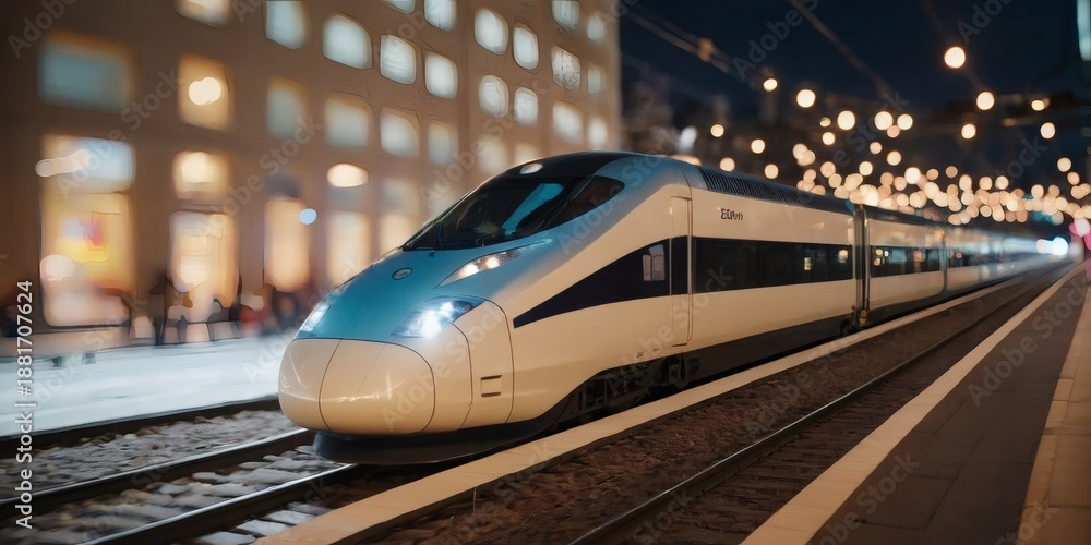 Fototapeta premium High-speed train at night with motion blur and bokeh city lights