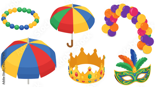 A colorful illustration of Mardi Gras party accessories on a