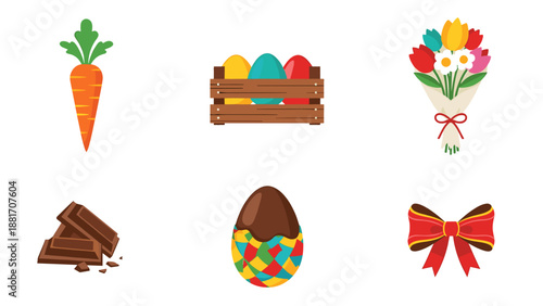 A colorful Easter-themed vector graphic illustration featuring icons of a carrot, eggs, flowers, chocolate, and a bow.