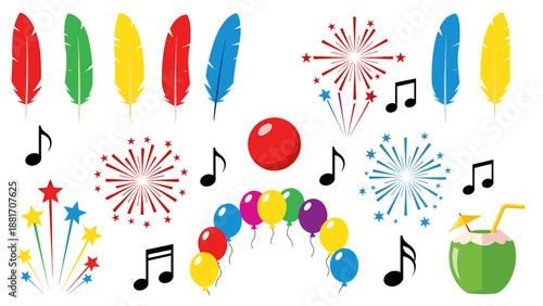A colorful vector graphic illustration of party icons and symbols on a