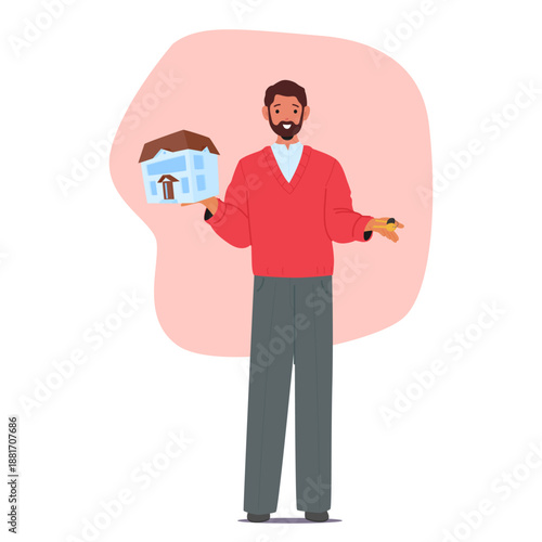 Relator cartoon character offering best sale on modern apartment with favorable mortgage terms