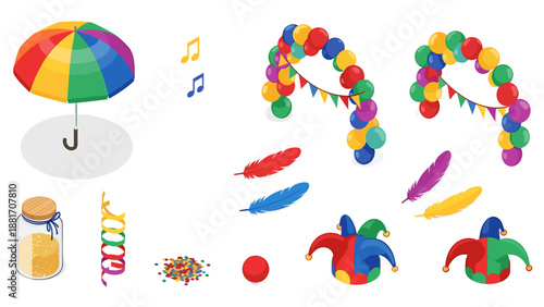 A colorful illustration of party supplies and decorations for a festive celebration