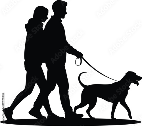 Couple Walking Dog Lifestyle Silhouette