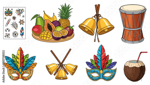 A colorful vector illustration of various carnival masks and tropical party symbols