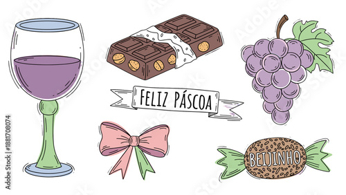 A festive Easter illustration featuring a wine glass, chocolate, grapes, and candies on a